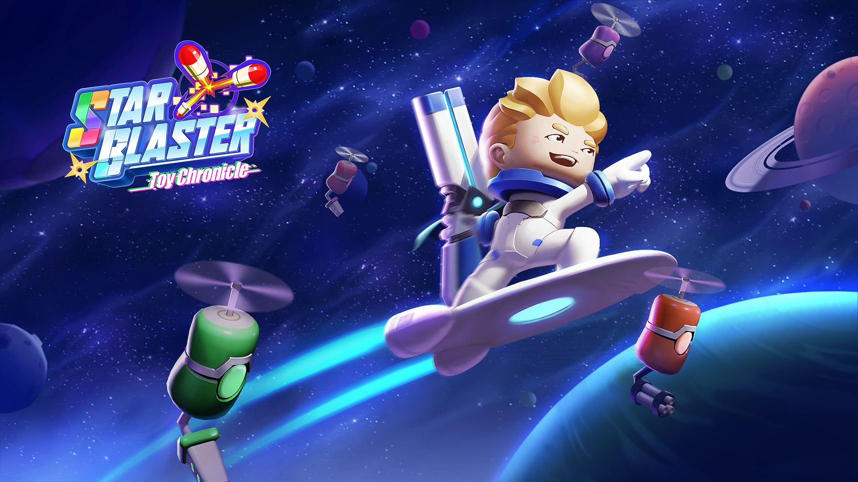 💊The vibrant, colorful world of glossy ABS plastic toys envelops Star Blaster. Ride your hoverboard across galaxies with golden hair flying, as our main character explores solar systems where entire planets have been transformed into toys.
